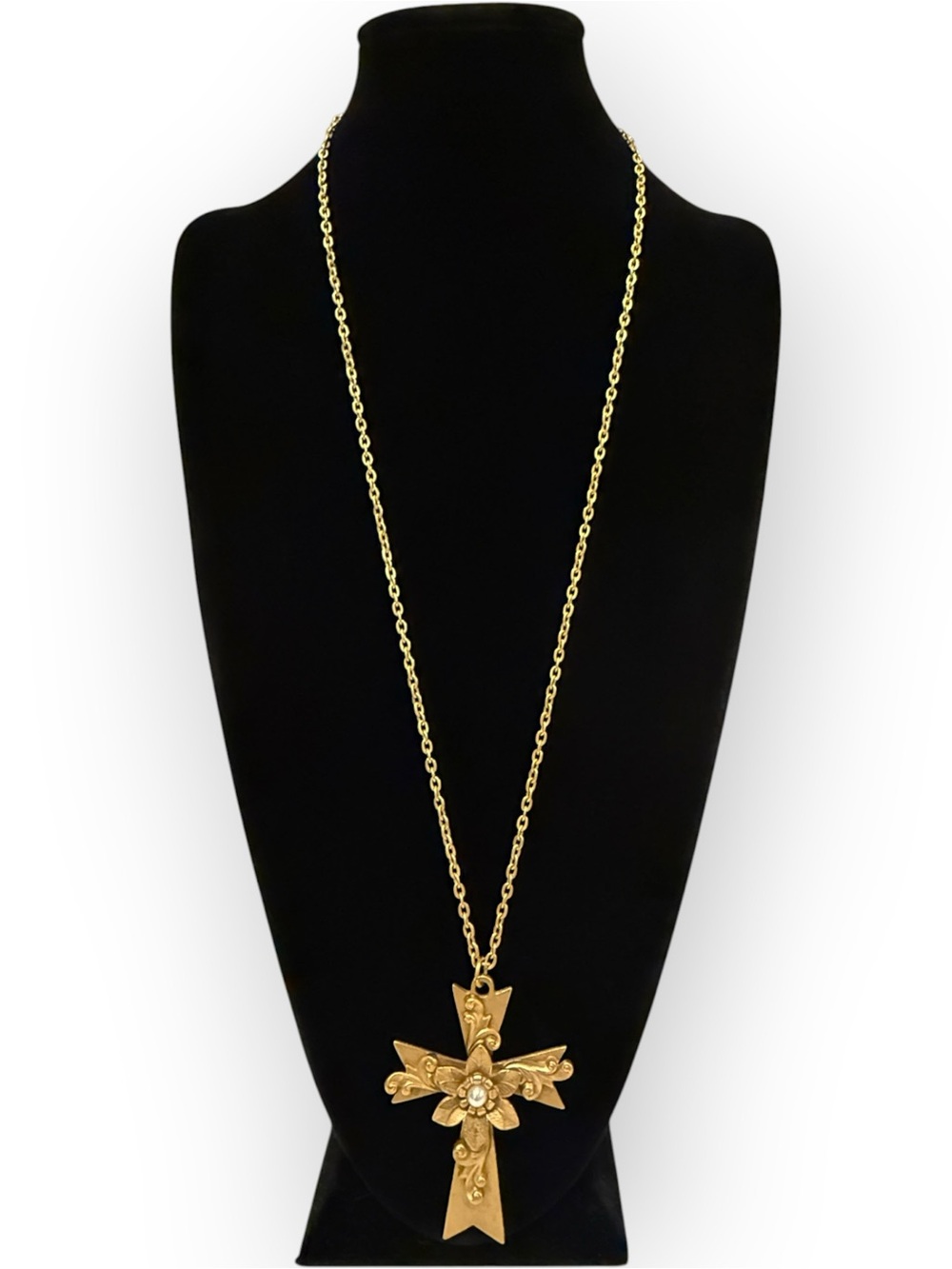 Oversized Ornate Gold & Pearl Statement Cross Necklace 36” | NWT Cross Pendant
